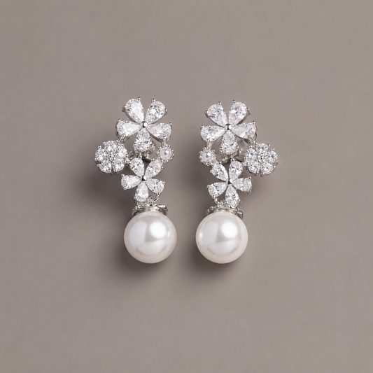 Floral Pearl Drop Earrings 925 Silver for Women | Ivaana Silver
