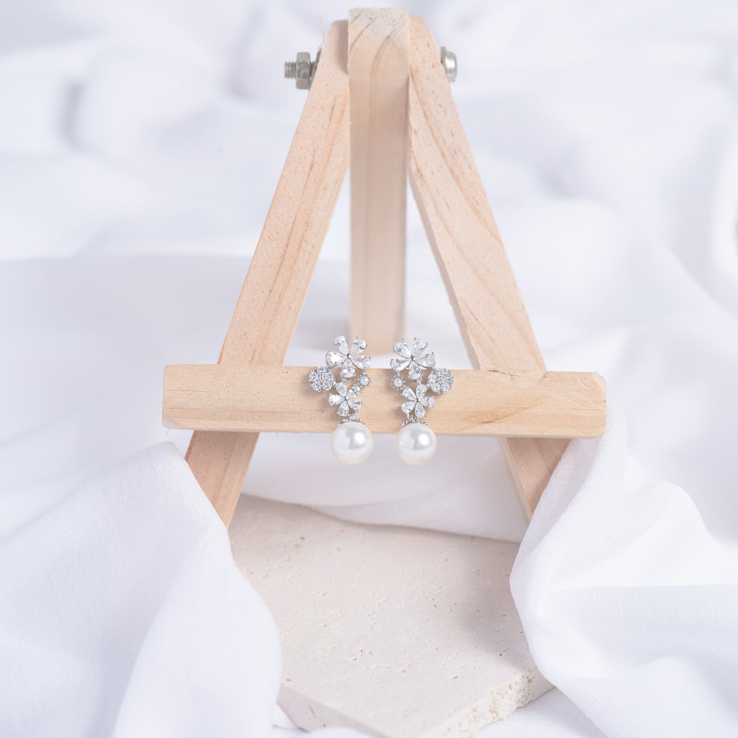 Floral Pearl Drop Earrings (Rhodium)