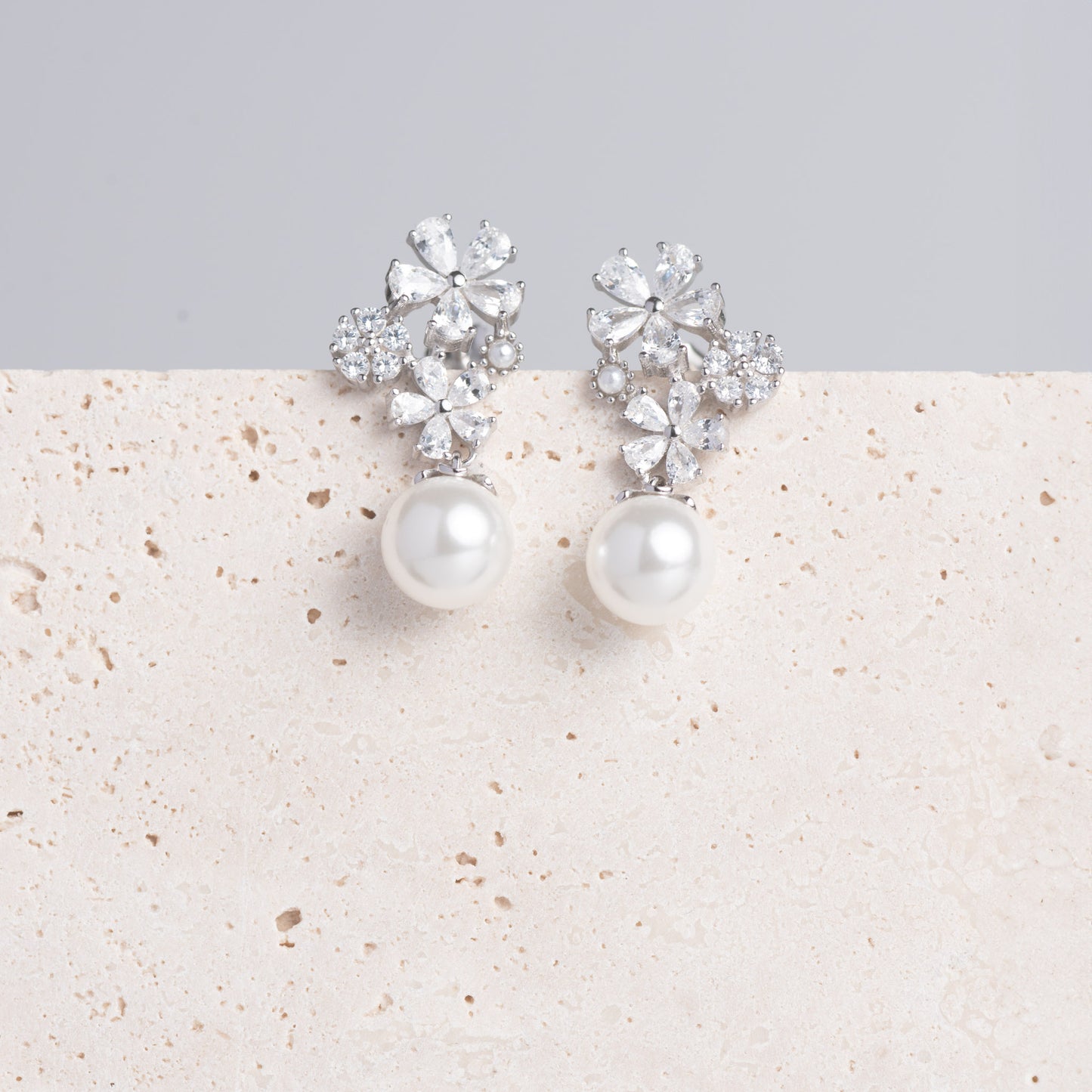 Floral Pearl Drop Earrings (Rhodium)