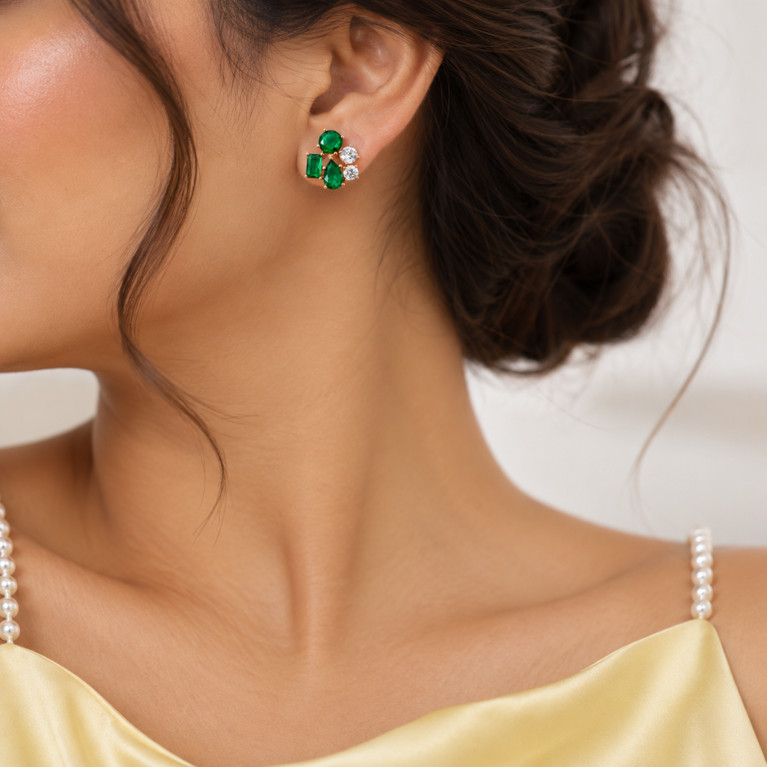 Emerald Bloom Stud Earrings 925 Silver for Women | Ivaana Silver
