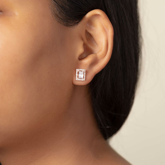 Radiant Halo Rectangle Stud 925 Silver for Women | Ivaana Silver
