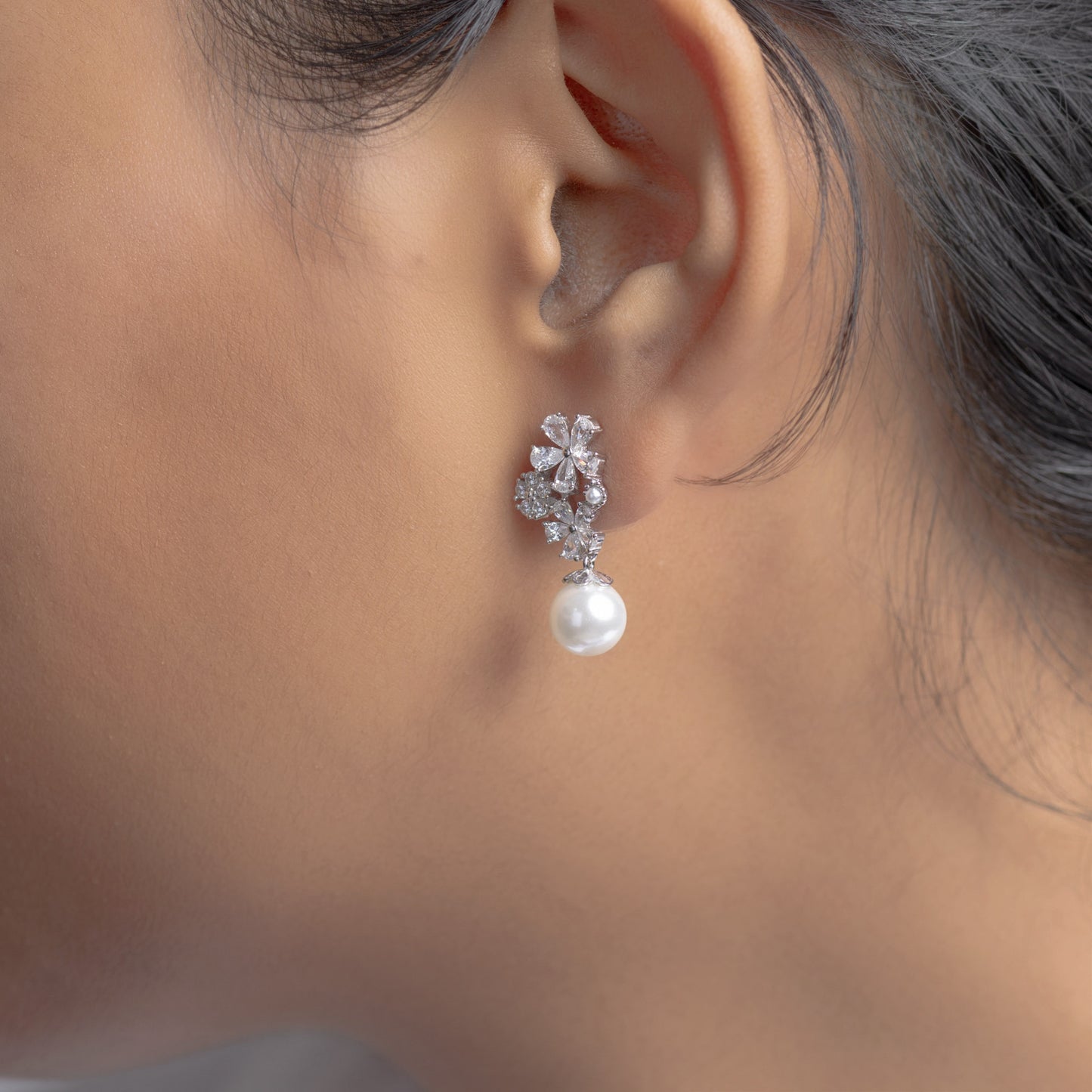 Floral Pearl Drop Earrings (Rhodium)