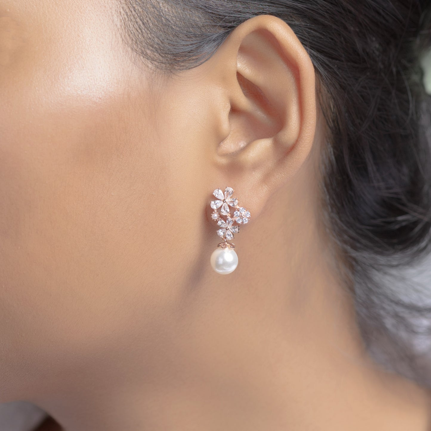 Floral Pearl Drop Earrings (Rose Gold)