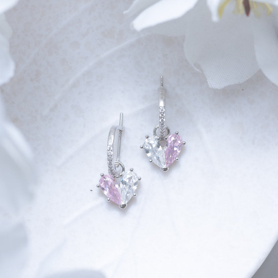 Pink Heart Drop Hoop Earrings 925 Silver for Women | Ivaana Silver