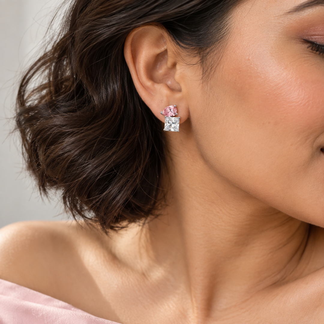 Pink Affair Studs Toi-et-Moi Earrings 925 Silver for Women | Ivaana Silver