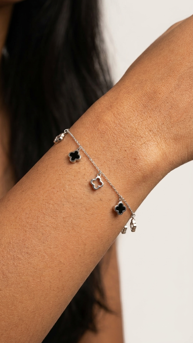 Black Onyx Clover Bracelet 925 Silver for Women | Ivaana Silver