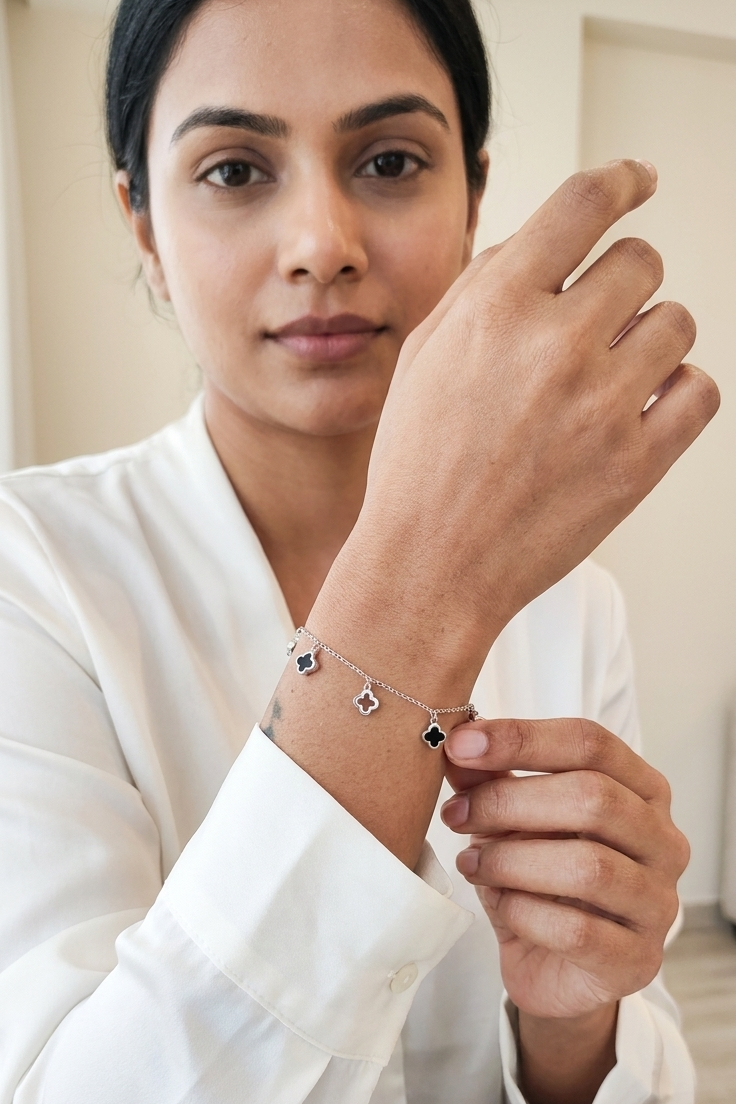 Black Onyx Clover Bracelet 925 Silver for Women | Ivaana Silver