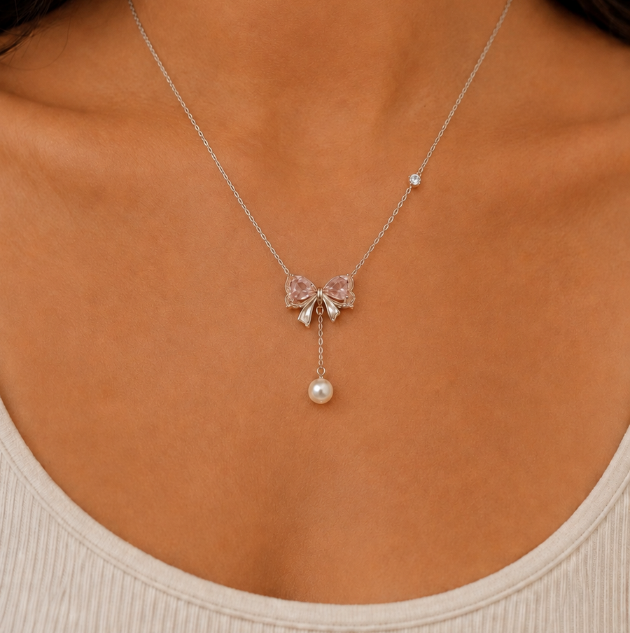 Pearl Play Bow Necklace 925 Silver for Women | Ivaana Silver