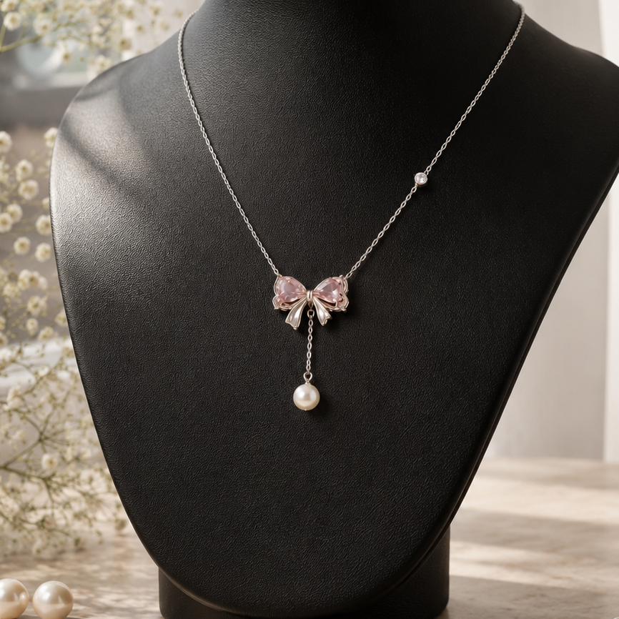 Pearl Play Bow Necklace 925 Silver for Women | Ivaana Silver